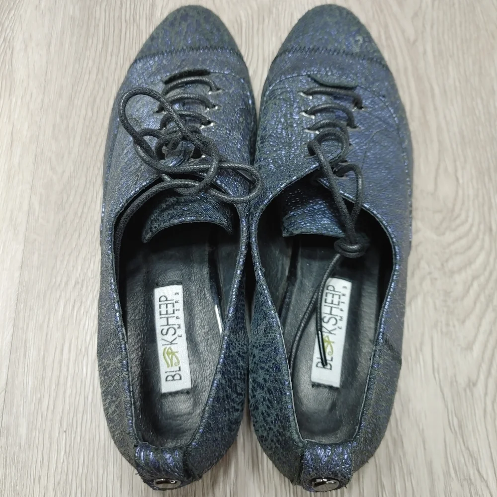 Blacksheep Empire‎ Lace Up Oxford Flats Shoes Blue Black Textured Leather 36